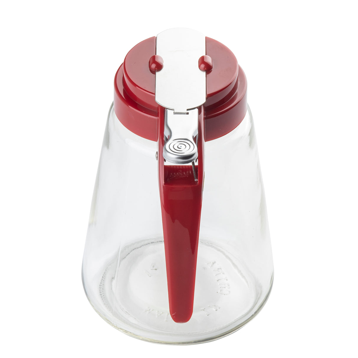 A clear teardrop glass syrup dispenser with a wide base, red plastic lid, and matching handle featuring a silver metal lever mechanism for pouring. This dispenser is viewed from above on a white background and is dishwasher safe.