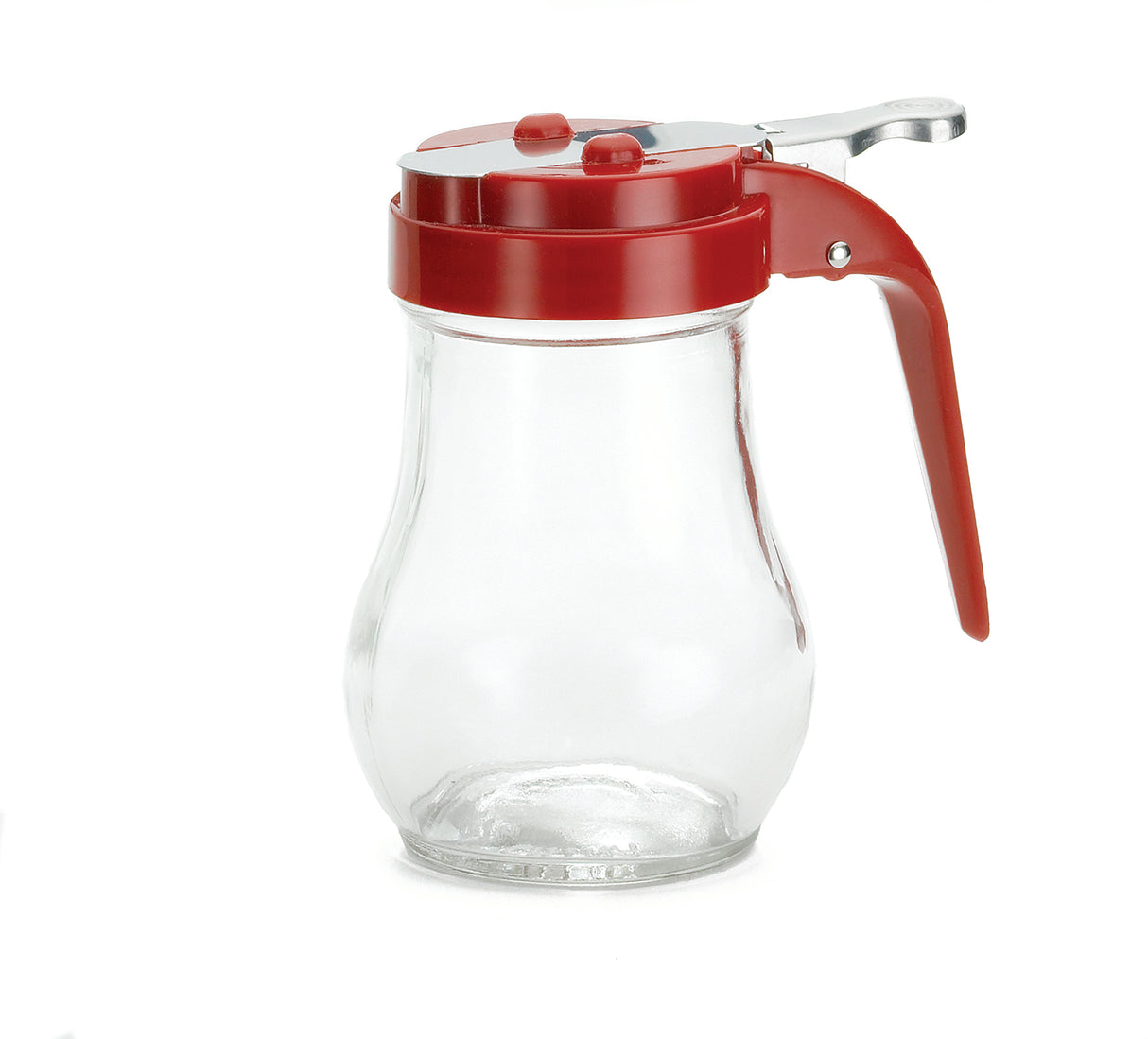 A clear, empty teardrop glass dispenser with a curved body and a red plastic lid and handle. The metal lever on the lid is designed for easy pouring. Dishwasher safe, the dispenser is set against a plain white background.