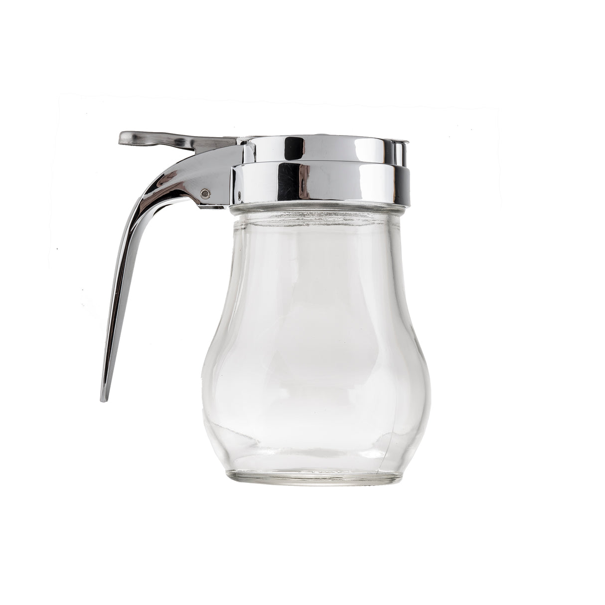 A clear teardrop glass syrup dispenser with a curved body and a shiny silver metal lid and lever handle, isolated on a white background. The dispenser is empty, the lever is raised slightly, and it is dishwasher safe.