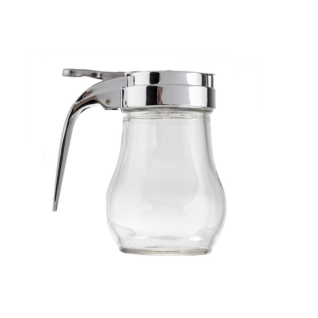 A clear teardrop glass syrup dispenser with a curved body and a shiny silver metal lid and lever handle, isolated on a white background. The dispenser is empty, the lever is raised slightly, and it is dishwasher safe.