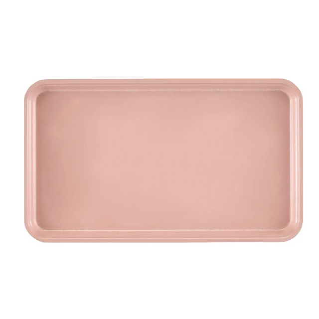 A rectangular Camtray with rounded corners is shown from above. Made of high-impact fiberglass, the solid light pink tray features a slightly raised rim and sits on a white background. Its smooth surface is unadorned and dishwasher safe.