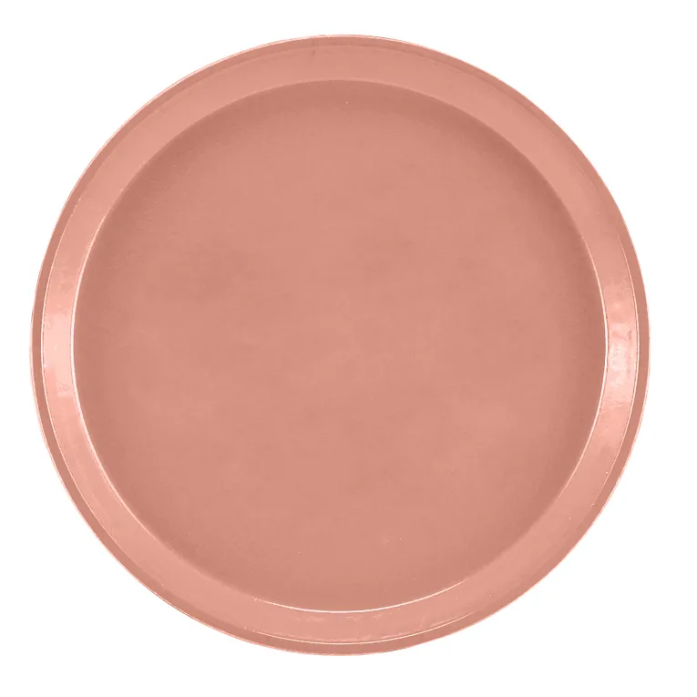 A plain, round Serving Camtray® in pink plastic with a slightly raised edge is shown against a white background. The smooth, unadorned surface is dishwasher safe for easy cleaning.