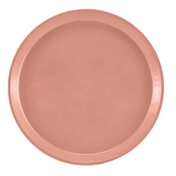 A plain, round plate in a muted pink or terracotta color, viewed from above. The plate has a smooth surface and slightly raised rim, reminiscent of a Serving Camtray. It is dishwasher safe and rests on a white background.
