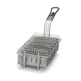 The TableCraft Taco Fry Basket features a stainless steel, grid-like structure with multiple compartments and a long black handle—perfect for securely holding taco shells while grilling, ensuring even heat circulation around each section.