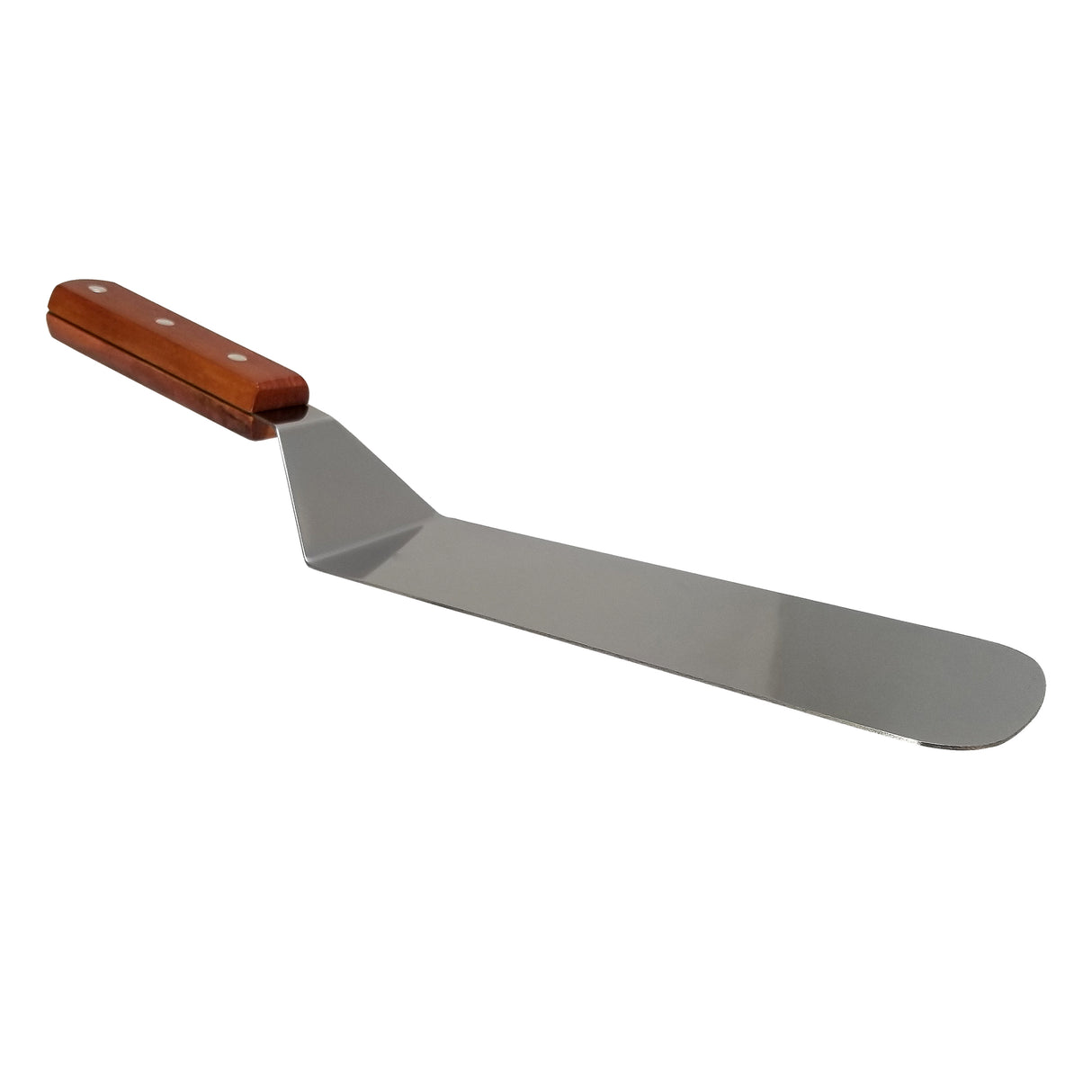 A metal food turner with a long, narrow stainless steel blade and a brown wood handle featuring three rivets. The shiny, reflective blade has a rounded tip and is angled downward from the handle for precision.