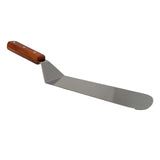 A metal food turner with a long, narrow stainless steel blade and a brown wood handle featuring three rivets. The shiny, reflective blade has a rounded tip and is angled downward from the handle for precision.