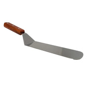 A metal food turner with a long, narrow stainless steel blade and a brown wood handle featuring three rivets. The shiny, reflective blade has a rounded tip and is angled downward from the handle for precision.