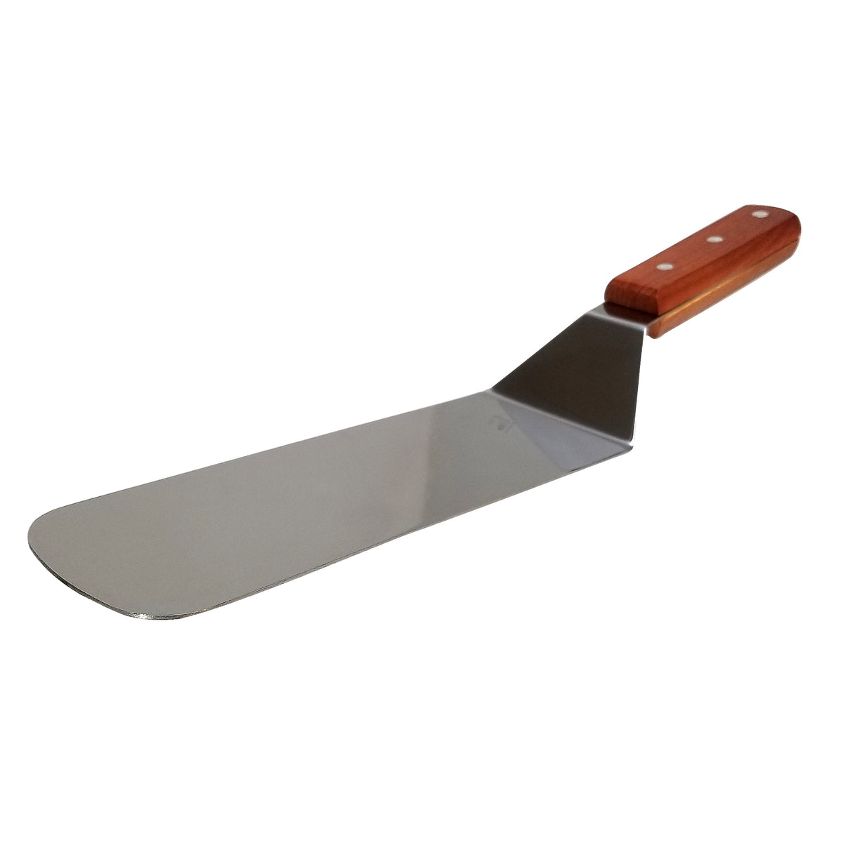 A food turner with a long, flat stainless steel blade and an angled wood handle featuring three rivets. The blade has a rounded front edge, making it perfect for easy cooking or baking tasks.