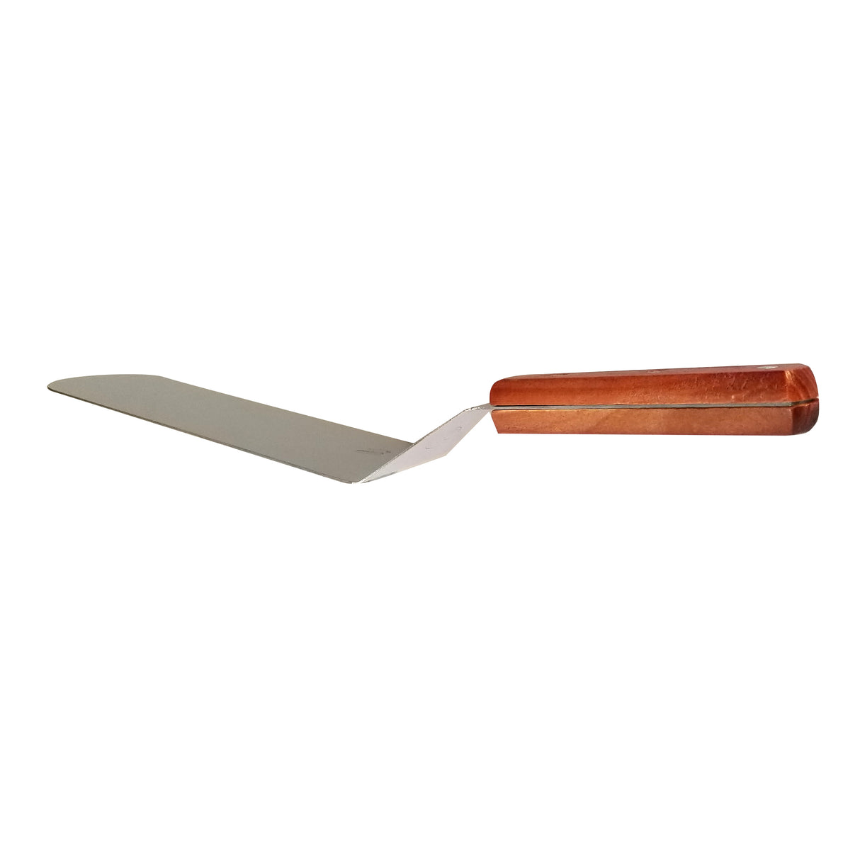 A metal Food Turner with a flat, triangular stainless steel blade and an angled, rectangular wood handle, isolated on a white background. Perfect for lifting and serving slices of cake or pie.