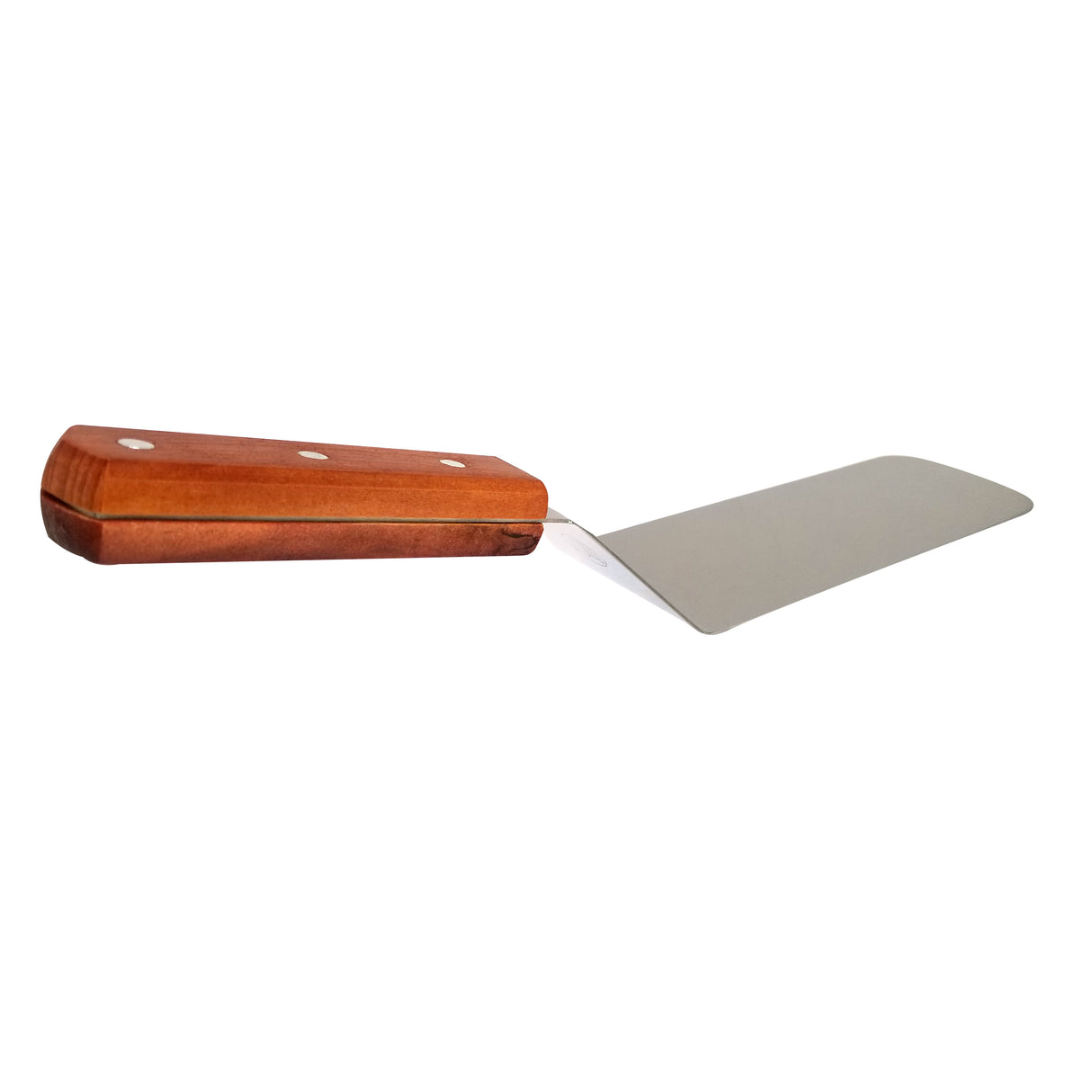 A food turner featuring a thick, rectangular wood handle with three rivets and a flat, angled stainless steel blade that's thin and slightly tapered at the end, shown on a white background.