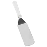 A Food Turner featuring a stainless steel blade and a slightly angled white handle. This metal spatula is isolated on a white background, positioned diagonally from top left to bottom right.