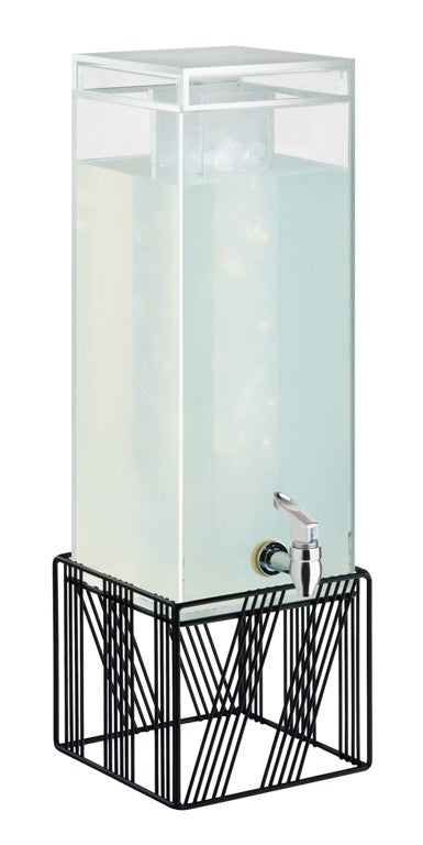 A modern, minimalist 3 gallon beverage dispenser filled with a light-colored liquid sits on a geometric black metal stand. The tall, rectangular container is BPA free and features a metal spigot near the bottom for easy pouring.