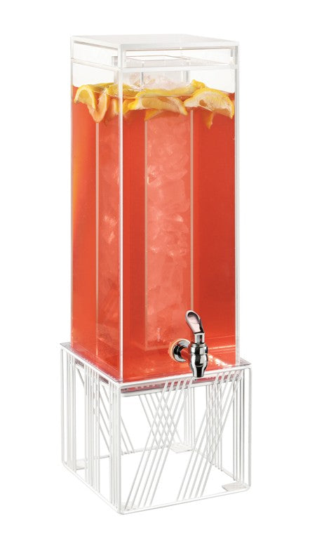 A tall, clear, rectangular 3 Gallon beverage dispenser filled with red liquid, ice, and lemon slices sits on a geometric white metal stand. It is BPA Free and features a silver spigot near the bottom for dispensing drinks.