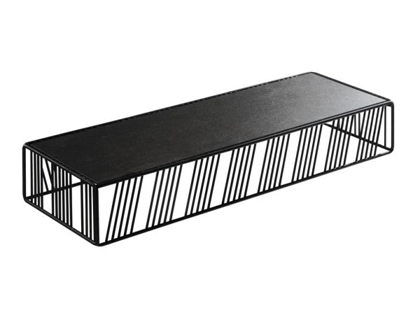 A rectangular, modern black metal Portland Riser shelf with an open-frame design and diagonal wire sides. The solid top surface can double as a removable bread board, adding to its geometric, minimalist appeal.