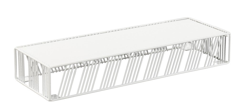 The Cal-Mil 4103-3-15 Portland Riser is a rectangular white wire shelf with an open geometric design, featuring angled metal rods and a solid flat top—ideal for organizing items on any countertop or desk.