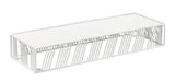 The Cal-Mil 4103-3-15 Portland Riser is a rectangular white wire shelf with an open geometric design, featuring angled metal rods and a solid flat top—ideal for organizing items on any countertop or desk.
