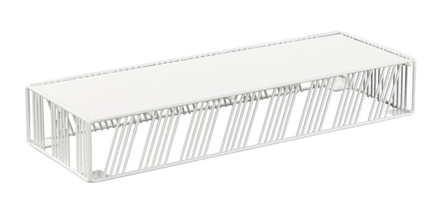 The Cal-Mil 4103-3-15 Portland Riser is a rectangular white wire shelf with an open geometric design, featuring angled metal rods and a solid flat top—ideal for organizing items on any countertop or desk.