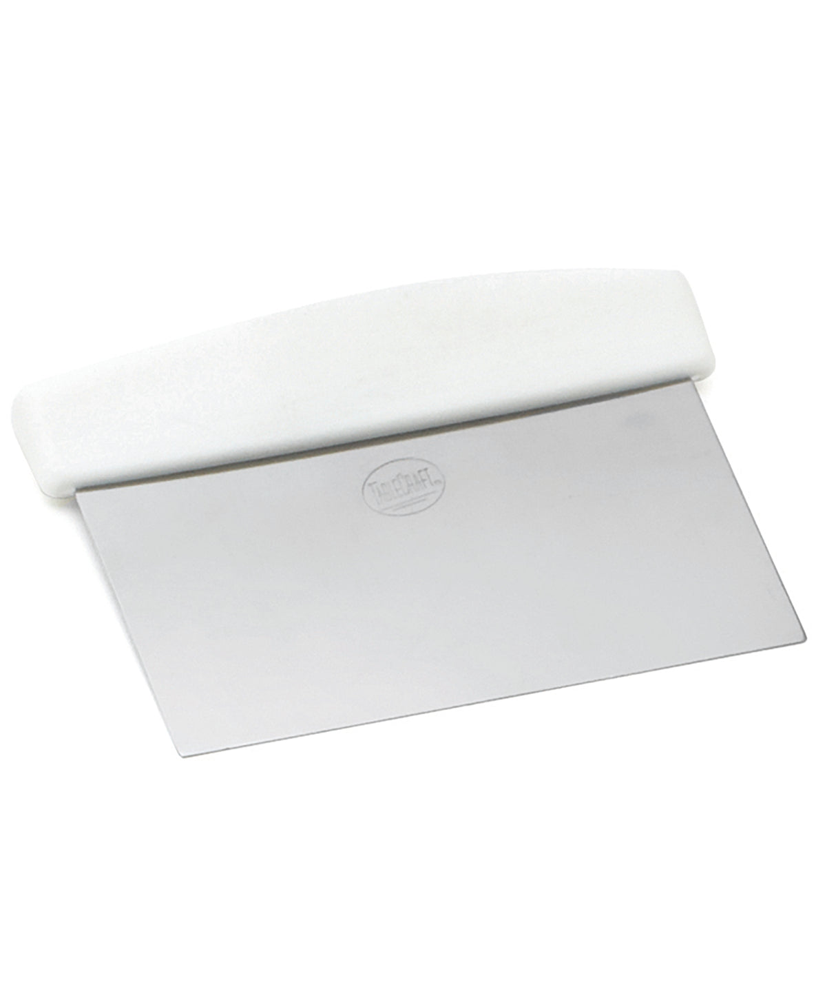 A metal dough scraper with a rectangular stainless steel blade and a white, curved plastic handle. The blade has a stamped logo in the center. This tool is perfect for baking tasks like cutting dough or scraping surfaces and is dishwasher safe for easy cleaning.