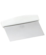 A metal dough scraper with a rectangular stainless steel blade and a white, curved plastic handle. The blade has a stamped logo in the center. This tool is perfect for baking tasks like cutting dough or scraping surfaces and is dishwasher safe for easy cleaning.