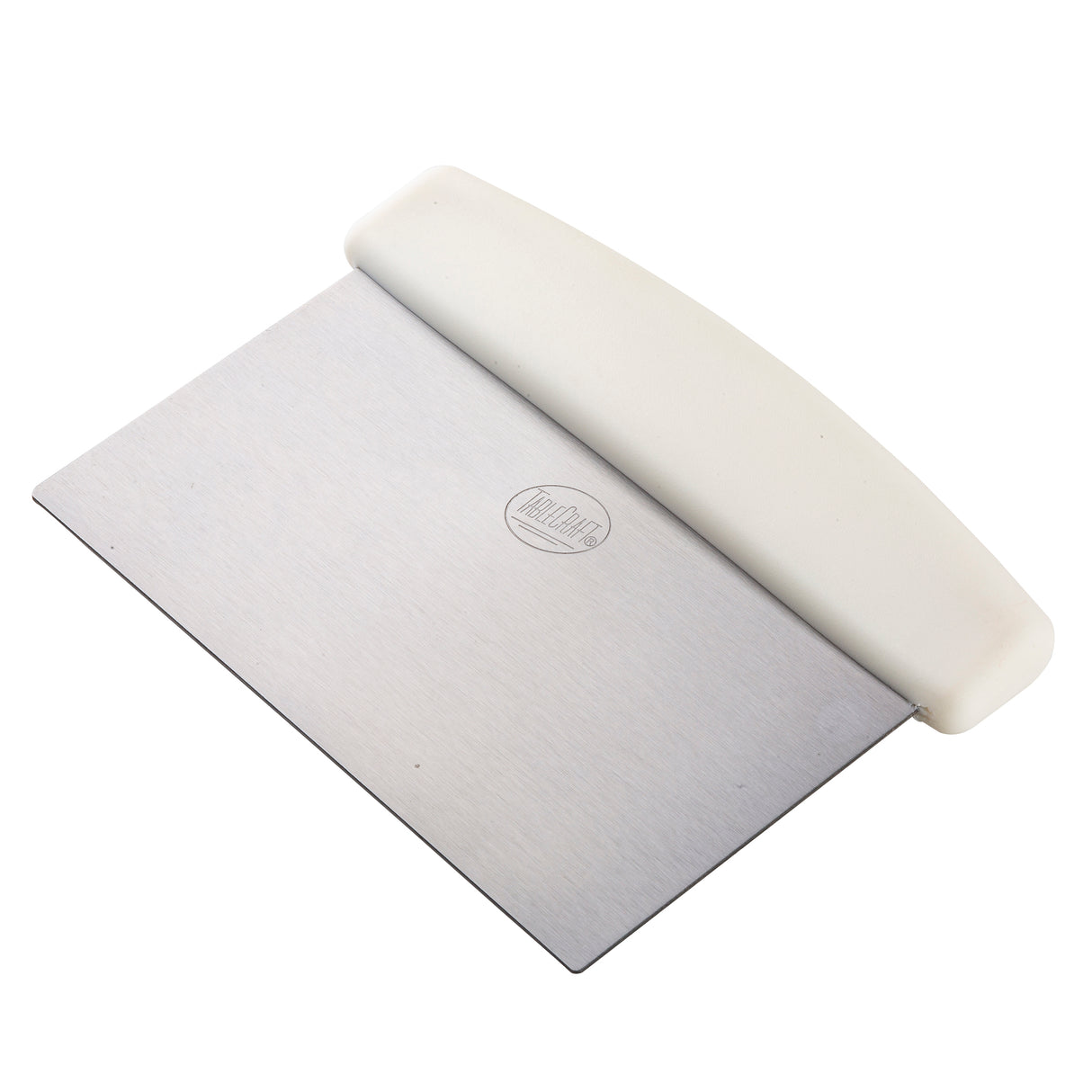 A metal dough scraper with a rectangular stainless steel blade and a white curved plastic handle. The subtle circular logo sits at the center, and the tool is dishwasher safe—perfect for cutting or lifting dough during baking tasks.