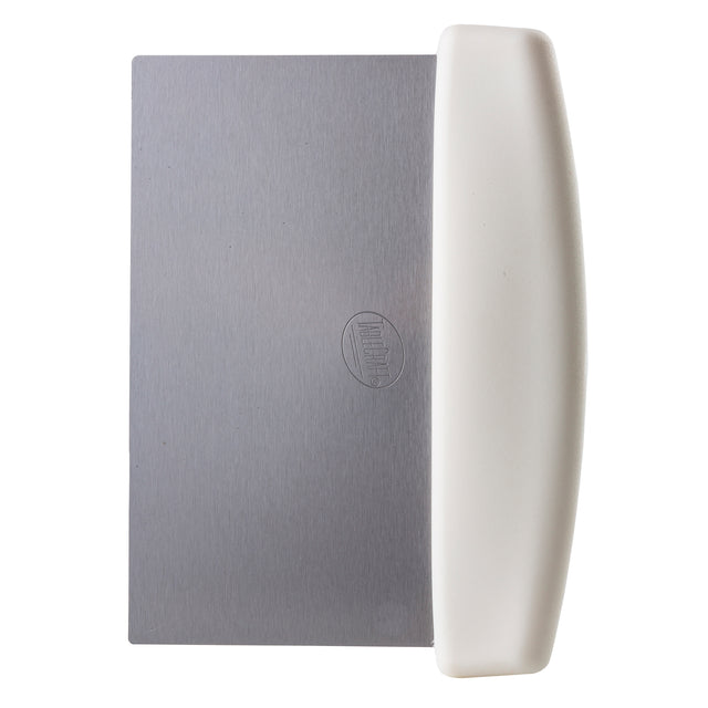 A dough scraper featuring a flat rectangular stainless steel blade and a thick, curved white plastic handle along one long edge. The dishwasher safe blade has a circular logo embossed in the center. The background is plain white.