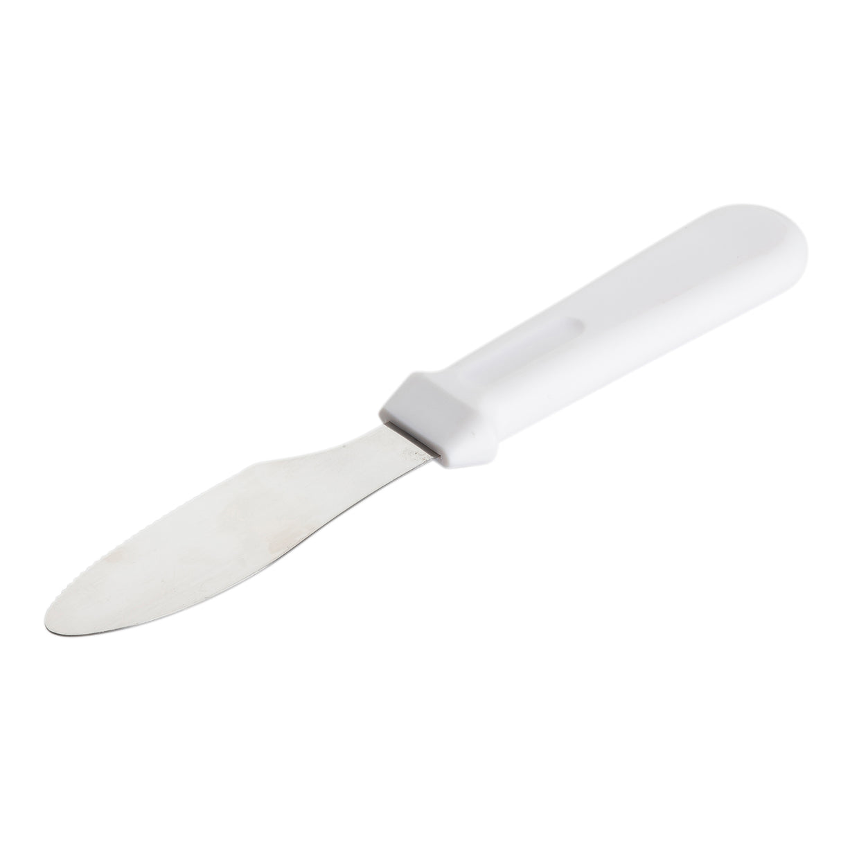 A TableCraft stainless steel sandwich spreader with a rounded, flat blade and a white plastic handle is shown on a plain white background. The spatula is angled slightly, with the blade facing left and the handle to the right.