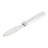 A TableCraft stainless steel sandwich spreader with a rounded, flat blade and a white plastic handle is shown on a plain white background. The spatula is angled slightly, with the blade facing left and the handle to the right.
