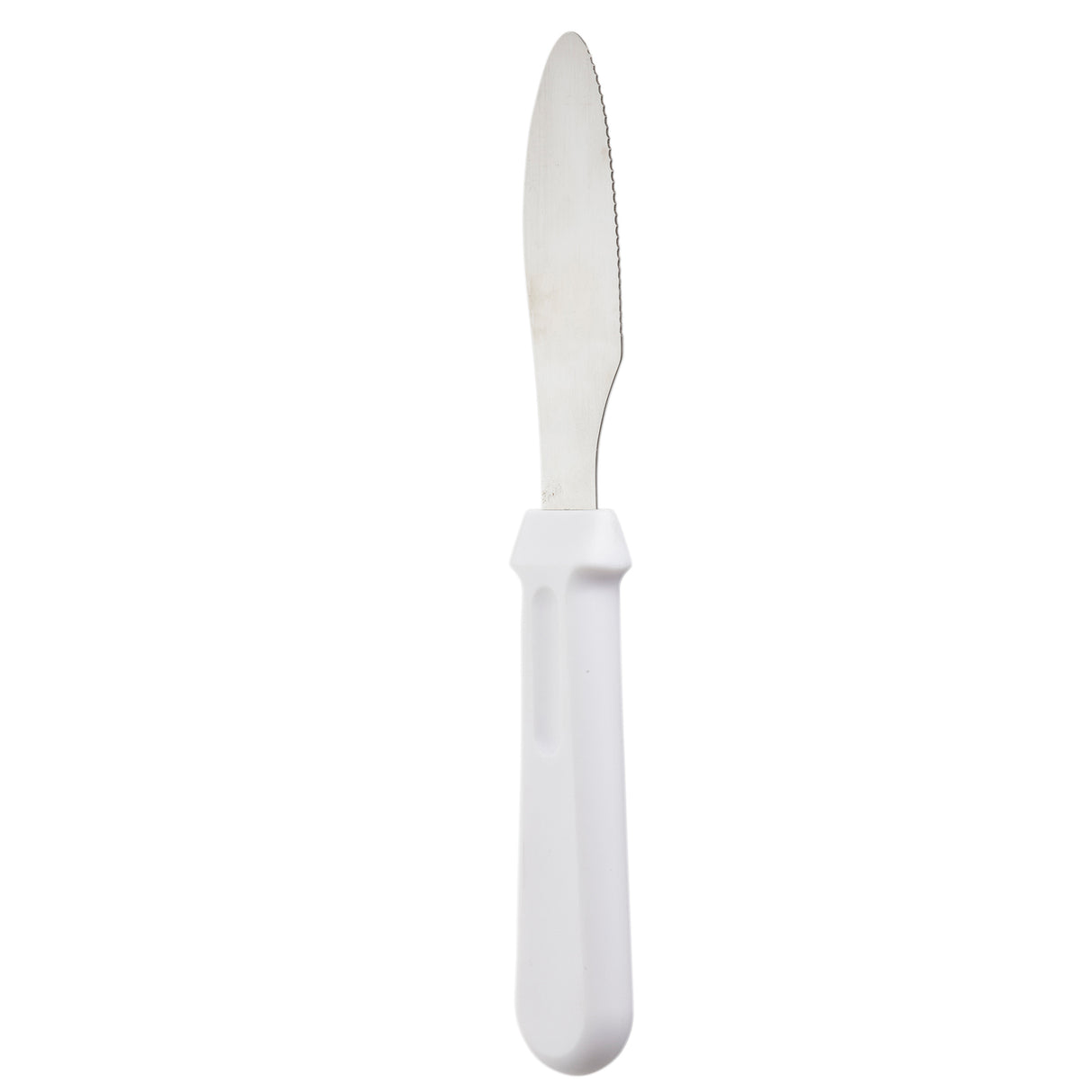 A TableCraft sandwich spreader with a stainless steel, slightly serrated blade and a thick, white plastic handle is shown on a white background. The handle has a groove for grip, and the knife is oriented vertically with the blade tip facing upward.