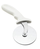 A pizza wheel with a white plastic handle and a large, stainless steel blade is shown against a white background. The blade, which is attached to the handle with a central metal rivet, is dishwasher safe for easy cleaning.