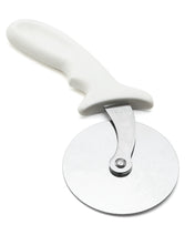 A pizza wheel with a white plastic handle and a large, stainless steel blade is shown against a white background. The blade, which is attached to the handle with a central metal rivet, is dishwasher safe for easy cleaning.