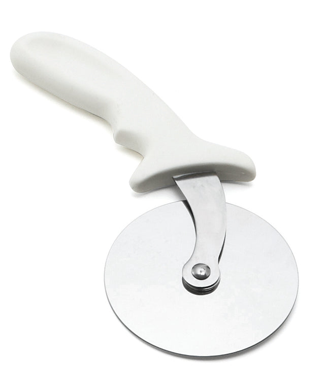 A pizza wheel with a white plastic handle and a large, stainless steel blade is shown against a white background. The blade, which is attached to the handle with a central metal rivet, is dishwasher safe for easy cleaning.