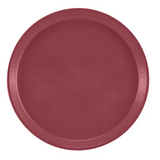 A round, solid maroon fiberglass tray seen from above. The Serving Camtray has a smooth surface, slightly raised edges, and a simple, minimalistic design. Dishwasher safe and free of patterns or handles, it stands out against a white background.