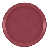 A round, solid maroon fiberglass tray seen from above. The Serving Camtray has a smooth surface, slightly raised edges, and a simple, minimalistic design. Dishwasher safe and free of patterns or handles, it stands out against a white background.