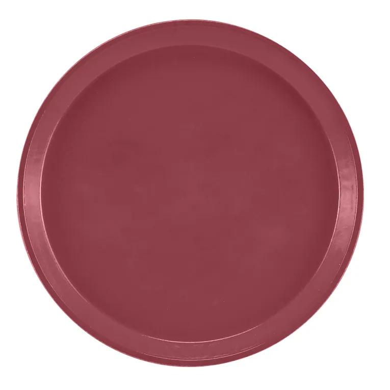 A round, flat Serving Camtray with a raised edge is shown from above. Made of durable plastic or fiberglass, this tray features a solid maroon color and a smooth, minimalist surface that is dishwasher safe.