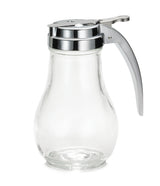 A clear, empty TableCraft 414 glass syrup dispenser with a wide base, metal lid, and long, curved metal handle and lever for pouring. Simple and functional, it’s dishwasher safe and perfect for serving syrup or other liquids in restaurants.
