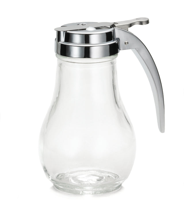 A clear, empty TableCraft 414 glass syrup dispenser with a wide base, metal lid, and long, curved metal handle and lever for pouring. Simple and functional, it’s dishwasher safe and perfect for serving syrup or other liquids in restaurants.