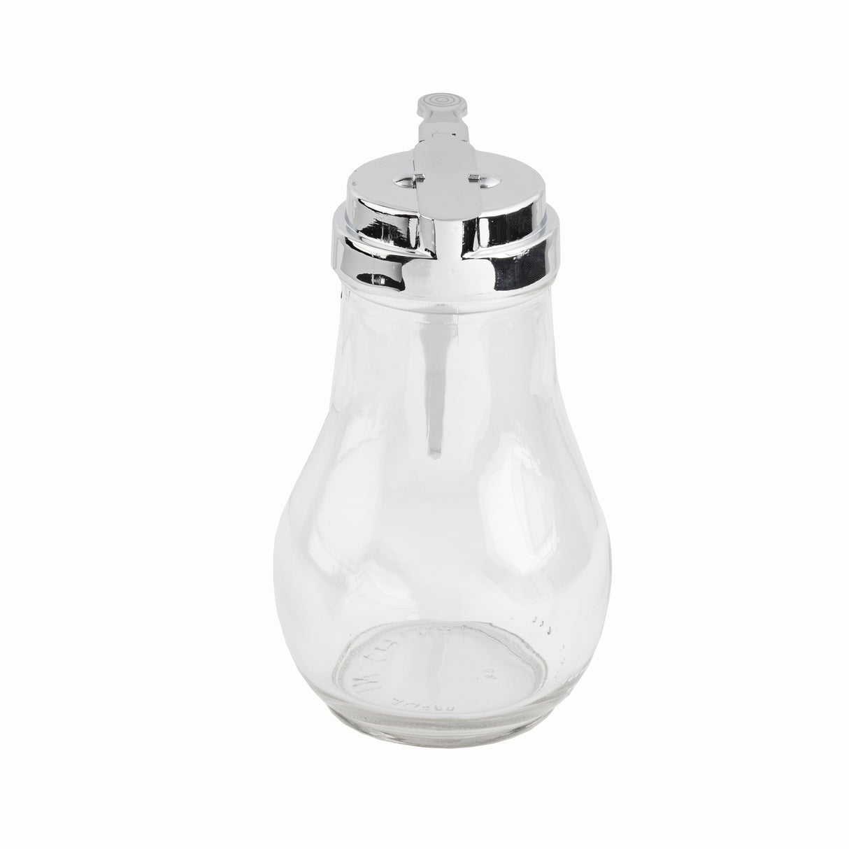 A clear glass TableCraft 414 syrup dispenser with a shiny metal lid, lever-style spout, and secure dispenser gasket. Teardrop-shaped with a wide base and narrow neck, this empty dispenser is dishwasher safe and shown against a white background.