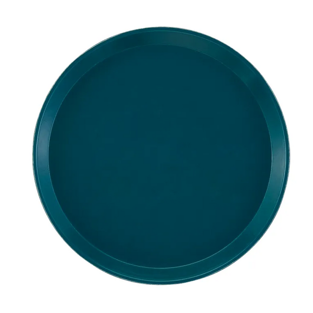 A round, teal-colored Serving Camtray NSF fiberglass tray with a slightly raised rim, shown from above against a plain white background. The tray features a smooth, matte finish and no visible patterns or decorations.