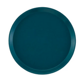 A round, flat Serving Camtray with a slightly raised edge is shown from above. Made of solid, dark teal NSF-listed fiberglass, the tray has a smooth, matte finish. The white background makes the tray stand out clearly.
