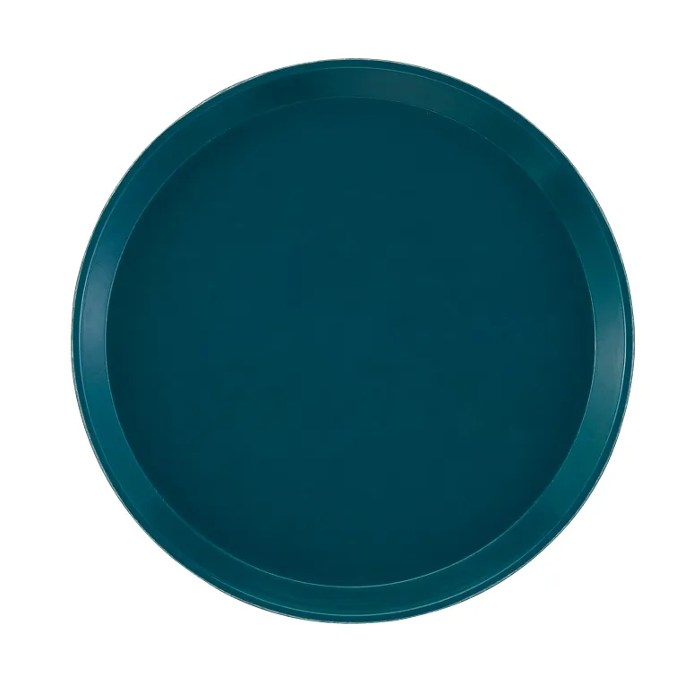 A round, flat, deep teal-colored Serving Camtray with a smooth surface and slightly raised edges, shown from above against a plain white background. This 14 inch round fiberglass tray appears simple and modern in design.