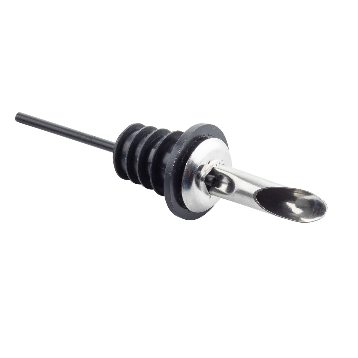 A stainless steel liquor pourer with a metal spout and black rubber ribbed base. The tapered, angled spout ensures controlled pouring, while the TableCraft design features a long air intake tube for smooth flow and a secure bottle fit.