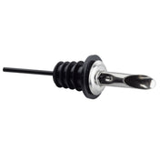 A stainless steel and black rubber liquor pourer with a tapered spout and ribbed stopper for a secure bottle fit. This TableCraft pourer features a small metal tube for controlled liquid flow, ideal for bars pouring spirits or oil.