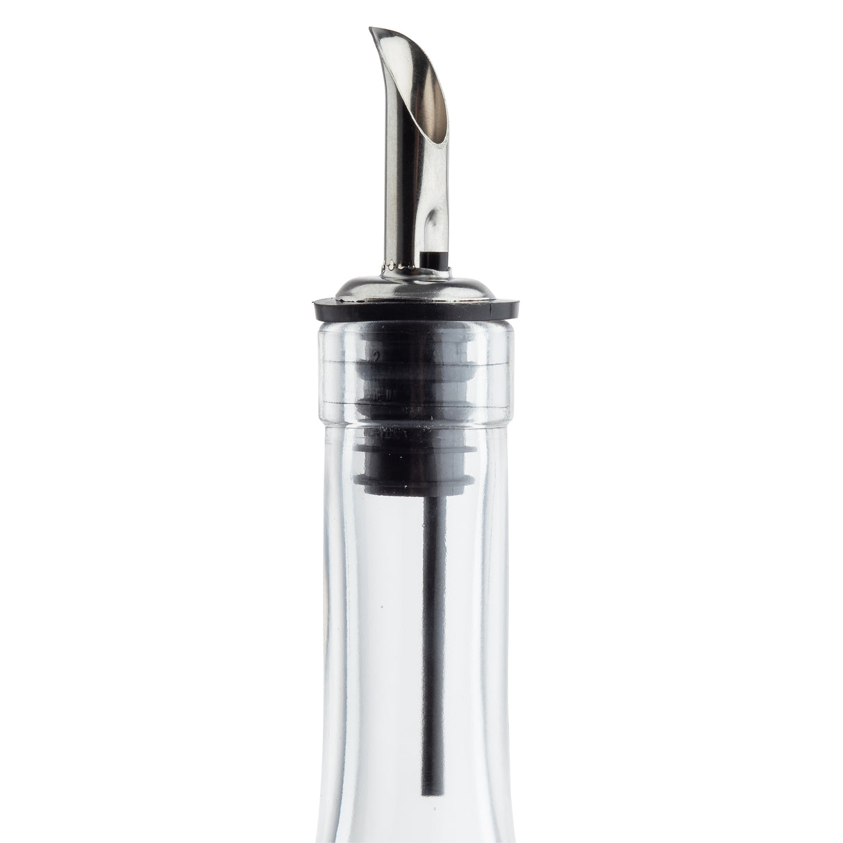 A close-up view of a transparent bottle with a stainless steel liquor pourer. The spout has a narrow, curved opening and is fitted with a black rubber seal. The bottle’s neck and clear liquid are visible against a white background.