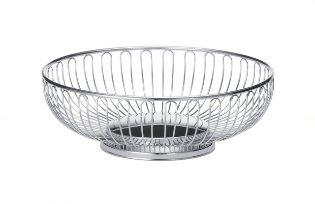 A round, chrome plated wire basket with vertical and curved metal rods forming its sides. This open, airy TableCraft basket features a solid circular base and rests on a plain white background.
