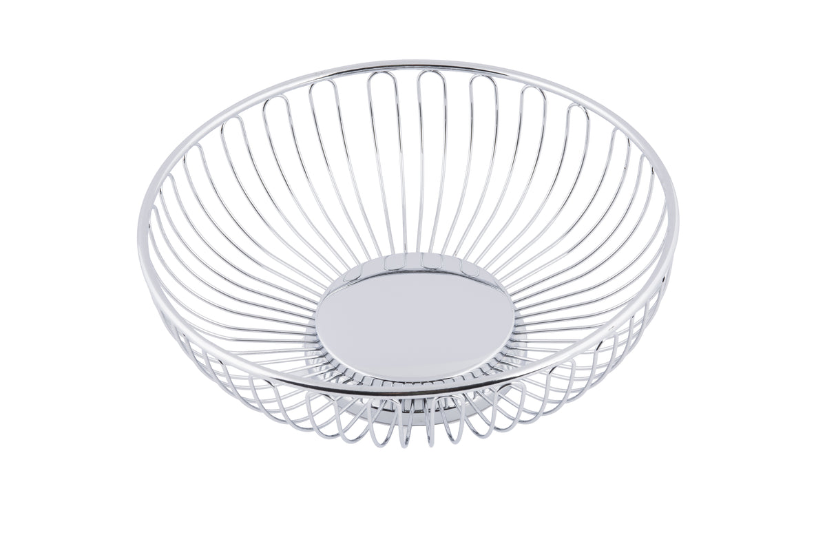A round, chrome plated TableCraft chalet basket with evenly spaced vertical metal bars radiating from a solid circular base and flaring outward, creating a simple and modern look. The open design pops against the plain white background.