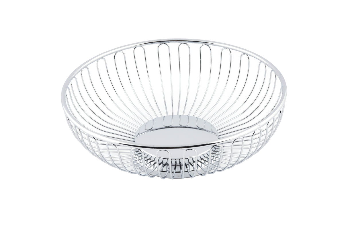 A round, shallow TableCraft chalet basket with an open design and chrome plated finish. Evenly spaced vertical wires radiate from a solid circular base, creating a modern, minimalist look. The background is plain white.