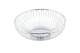A round, shallow TableCraft chalet basket with an open design and chrome plated finish. Evenly spaced vertical wires radiate from a solid circular base, creating a modern, minimalist look. The background is plain white.