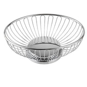 A round, chrome plated metal wire Chalet Basket with an open, airy design. The vertical rods connect the rim to a solid base, giving this TableCraft piece a modern and minimalist appearance. The background is plain white.