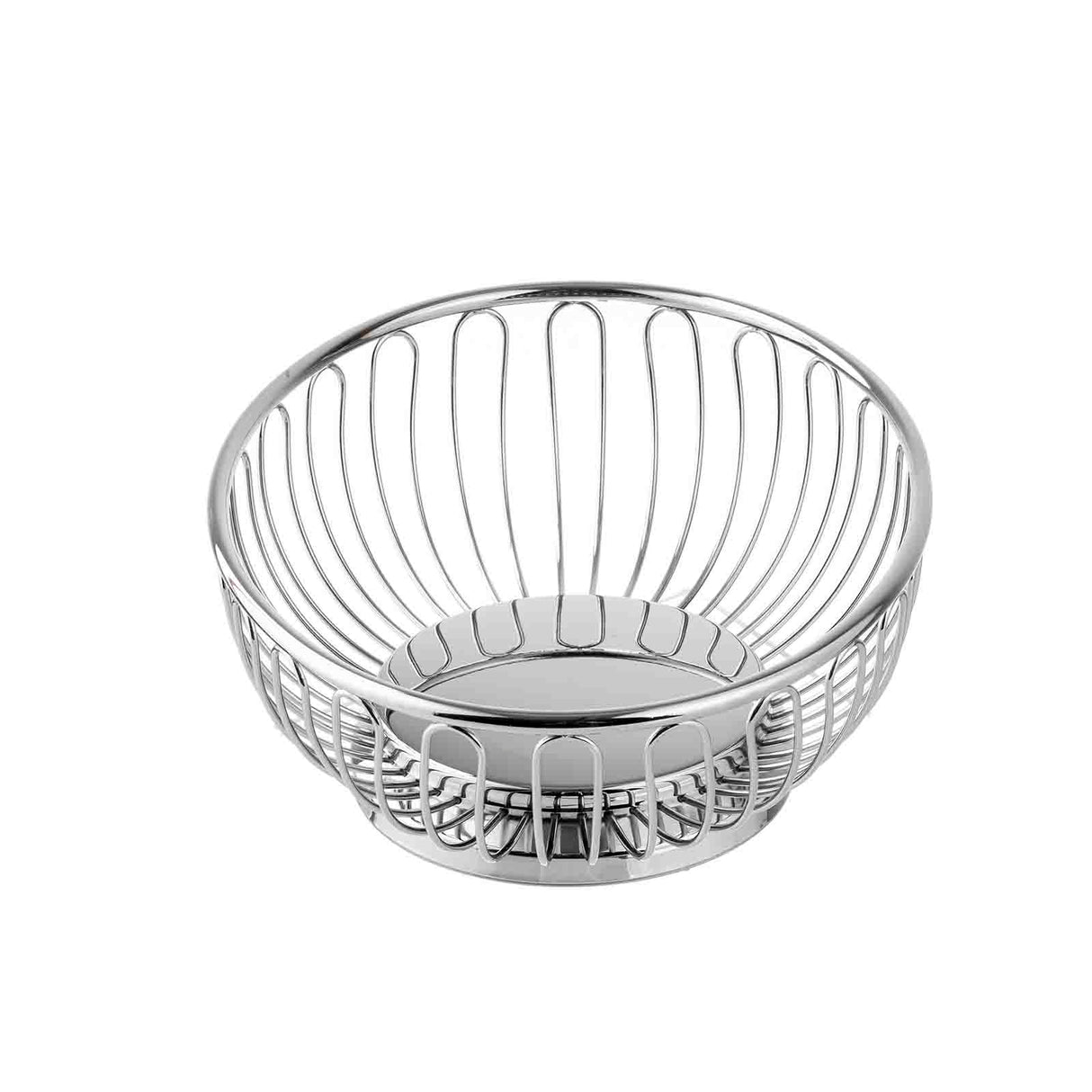 A round, chrome plated TableCraft Chalet Basket features an open design with evenly spaced vertical metal rods and a solid circular base, offering a modern and minimalistic look. The background is plain white.