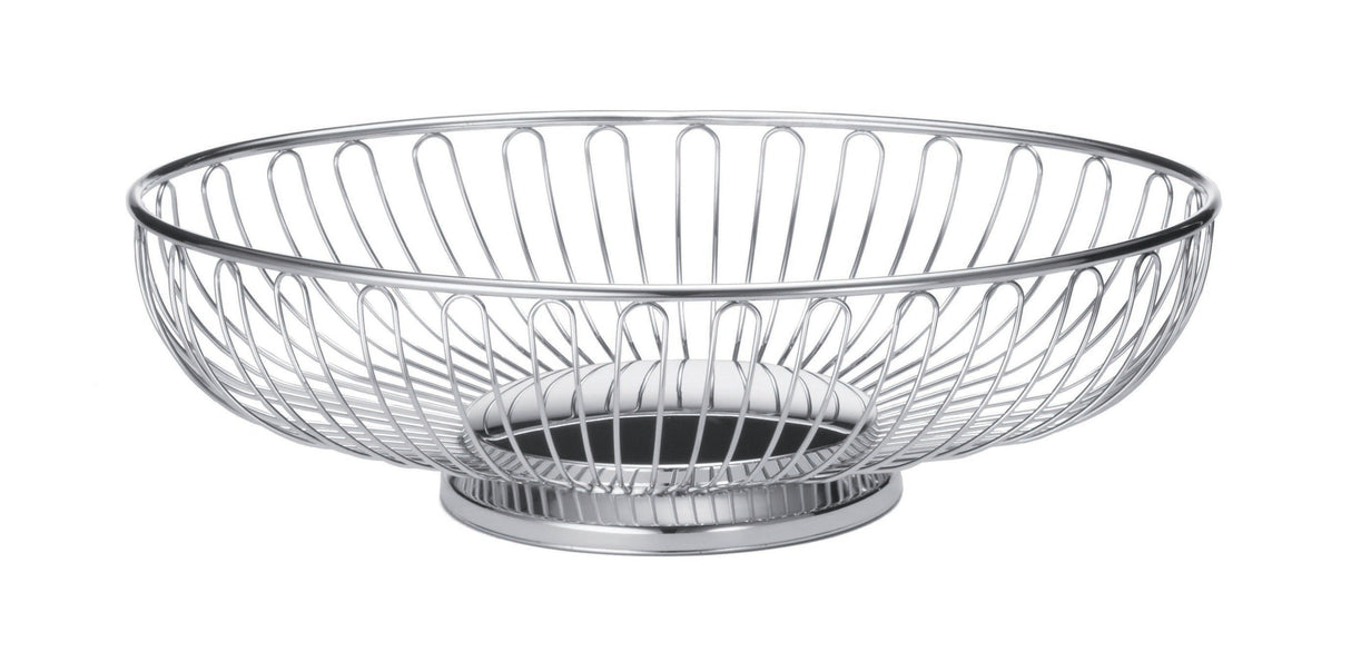 A round, shallow chrome plated fruit basket with an open design and raised base. The wires are evenly spaced in a grid-like pattern, giving this TableCraft chalet basket a modern look. The shiny finish enhances its polished appeal.